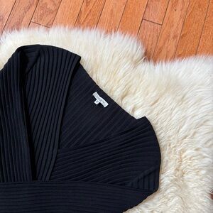 Lafayette 148 New York Black Ribbed Wrapped Front Sweater Top